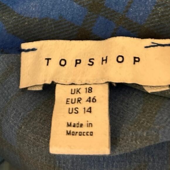 Topshop Blue Checkered Floral Fluted Seamed Asymmetric High Neck Midi Dress 14 - Picture 4 of 5